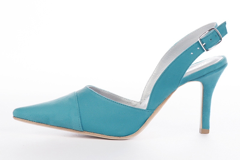 Turquoise blue women's slingback shoes. Pointed toe. High slim heel. Profile view - Florence KOOIJMAN